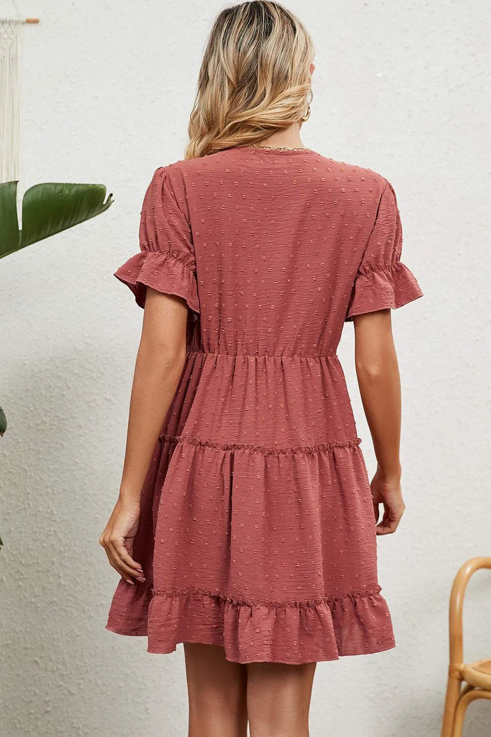 Swiss Dot V-Neck Flounce Sleeve Mini Dress Casual Dresses - Tophatter Daily Deals